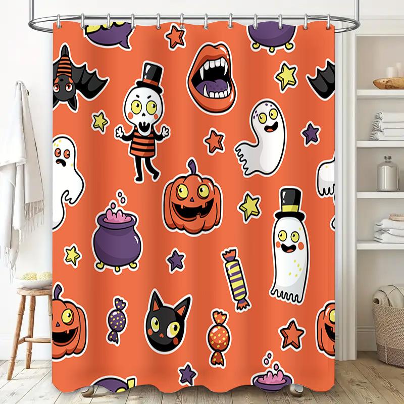 Halloween Shower Curtain with Ghosts Candy Orange Decorative Bath Mat 3D Printed Fabric Home Supplies for Children's Room Decora