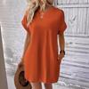 Women Solid Color T‑Shirt Dress Round Neck Short Sleeve Loose Mini Tunic Dress With Pockets Casual Summer Beach Vacation Shift Dress