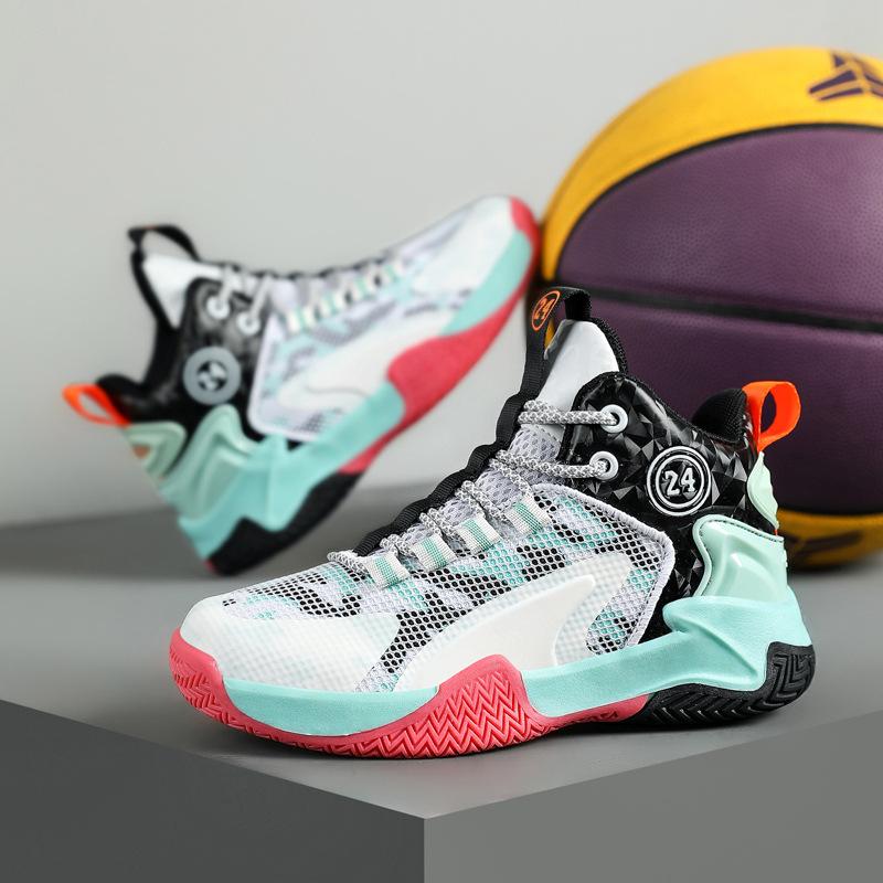 

Foreign trade four-season children s basketball shoes medium and old children s rotating buckle breathable mesh surface non-slip and wear-resistant ac 31