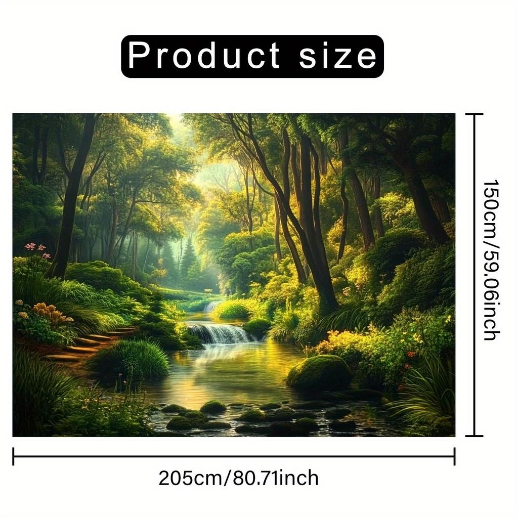 Sunlit Forest Stream with Green Trees and Waterfall Wall Tapestry 2D Flat Print Nature Art Landscape Decor Boho Style