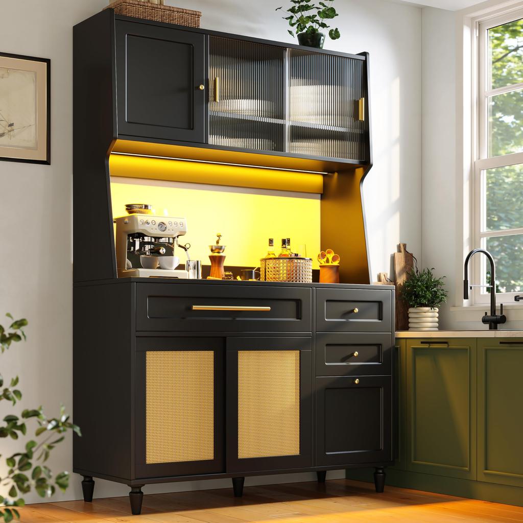 Küchenschrank Arbeitsplatte, Küchenbuffet Hochschrank 4 Schränke, 3 Schubladen, Verstellbare Ablagen, LED Weiß+Natürlich