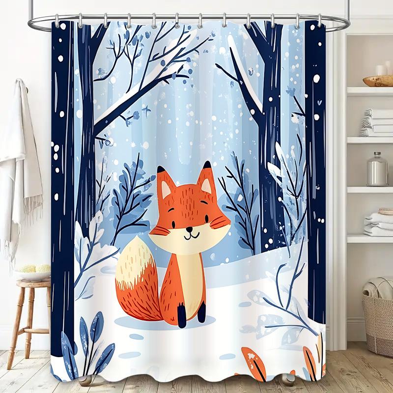Charming Winter Fox Shower Curtain For Kids - Cute Animal Design Waterproof Bath Decor With Ring Waterproof Durable Easy-Clean