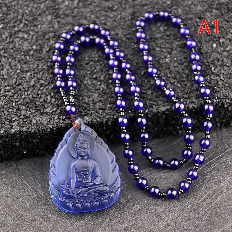 Blue White Gold And Yellow Crystal Carved Buddha Bodhisattva Pendant Necklace Jewelry Charm Aura Amulet Gift For Men Women