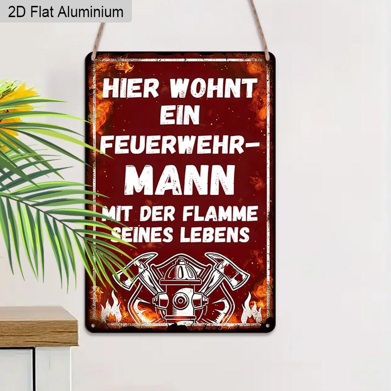 2D Flat 1pc Vintage German Firefighter Aluminium Wall Art Sign, 8x12 Aluminium Rustic Home Decor Fire Station