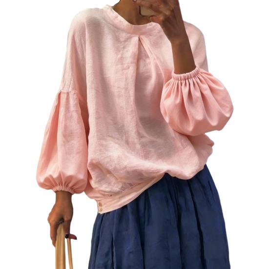 Dam Skjorta Rund Hals Puff Långa Ärmar Asymmetrisk Fåll Sidoknappar Lös Passform Casual Sommar Toppar Daglig Användning