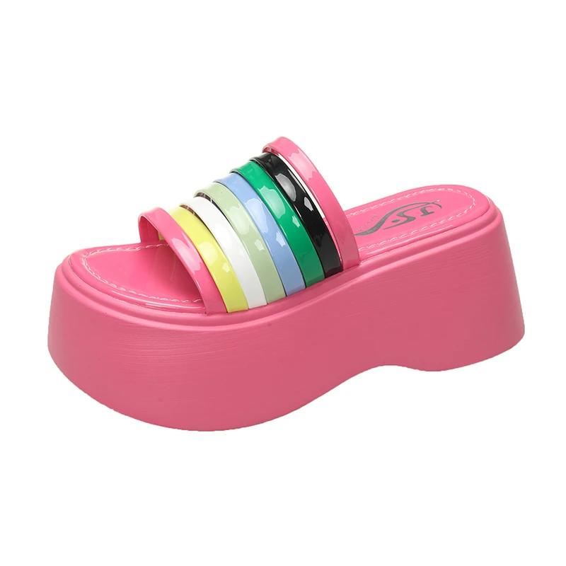 Fashion 7.5CM High quality Summer women's Thick soled white High-heel Sandals women's slope heel square toe slippers Women's Slippers