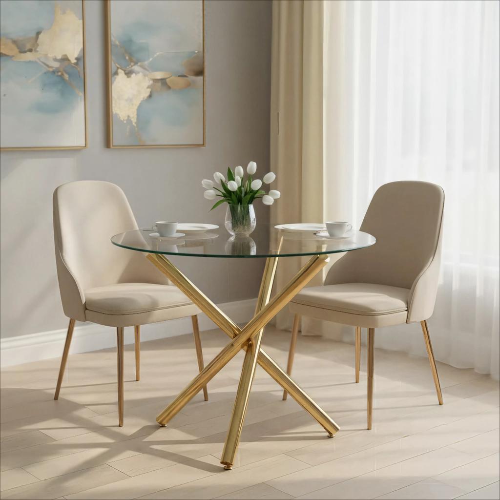 Round Dining Table with Tempered Glass Top and Gold-colored Legs, Coffee Table, Modern Minimalist Dining Table, 80 × 80 × 76 cm