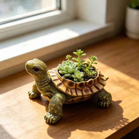 Small Turtle Planter Resin Turtle Shaped Flower Pot with Drainage Holes Cute Animal Cacti Pots for Office Home Desktop Decor