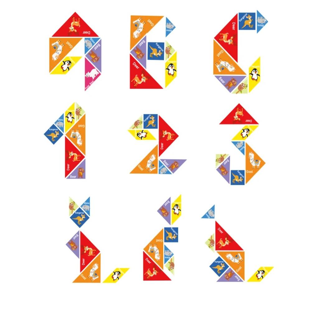 3 In 1 Wooden Tangram Jigsaw Puzzle Toy Educational Creative Geometric Shape Color Cognition Wood Building Blocks Gifts for Kids