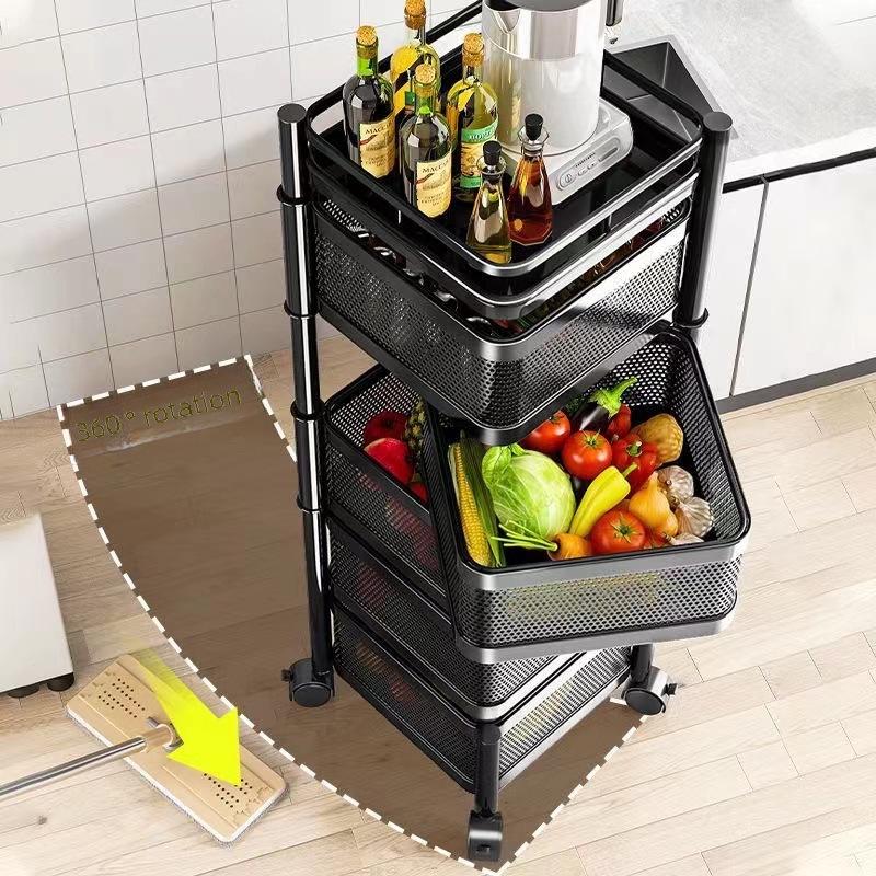 Kitchen Floor-Standing Multi-Layer Snack, Fruit & Vegetable Rotating Storage Trolley