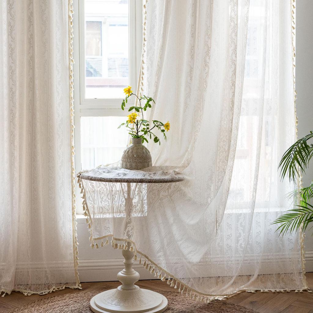 Hollow Lace Jacquard Hook Curtain Finished Gauze Curtain Living Room Balcony Bedroom No Punching