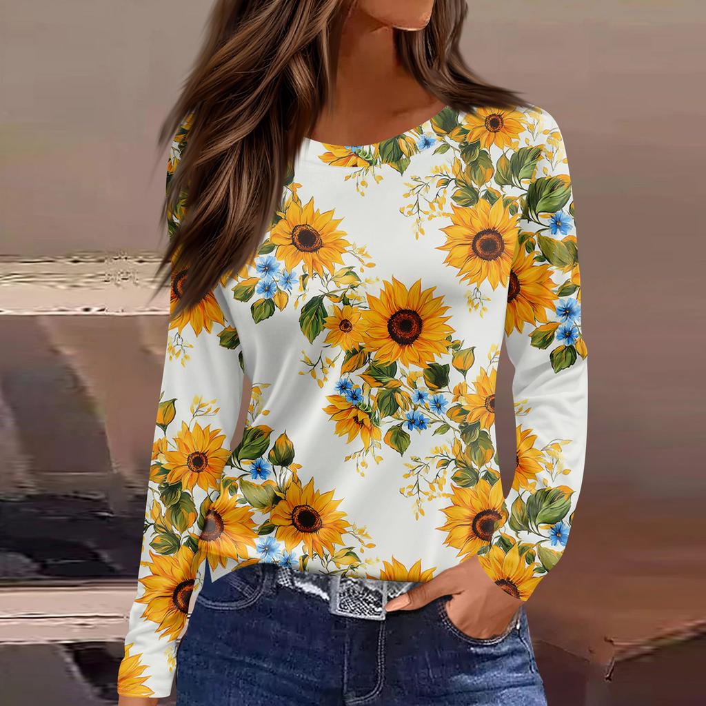 Damenmode Lässig Schlitz Saum Rundhals Langarm Lose Bedrucktes T-Shirt Damen Top