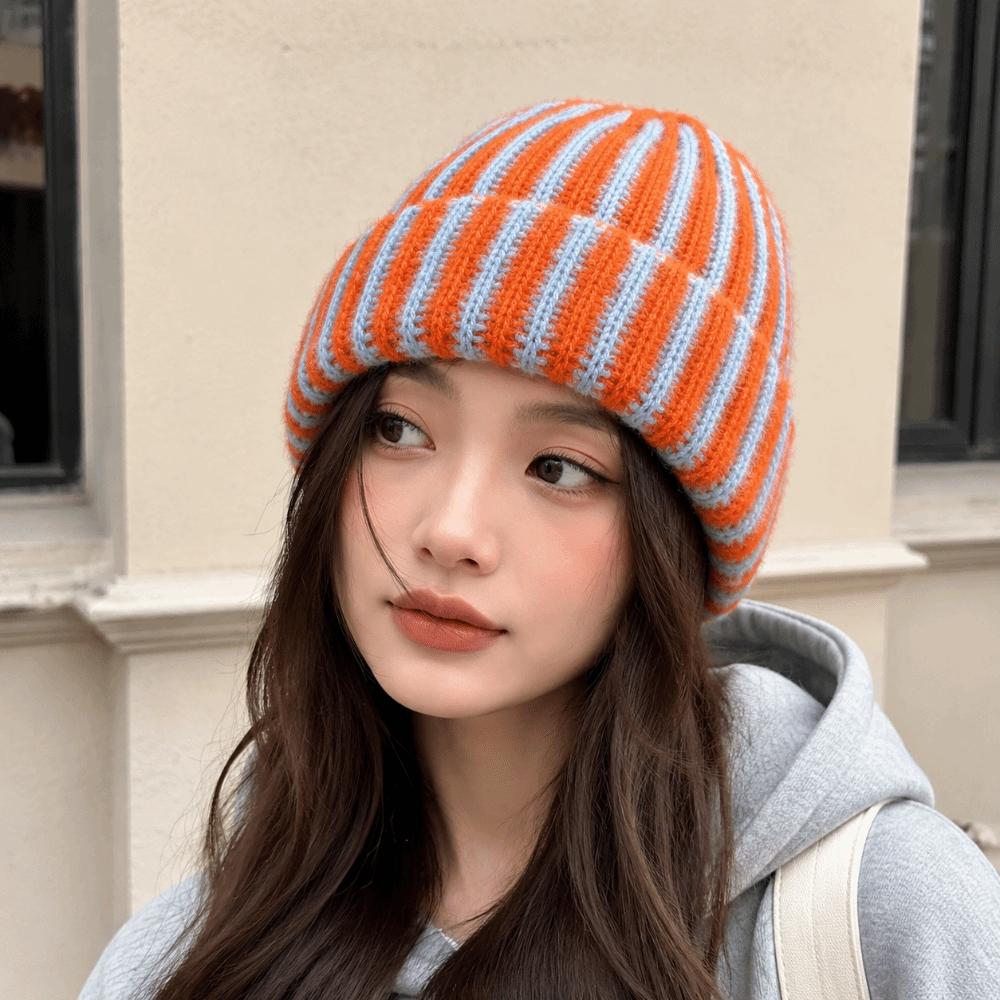Soft Ribbed Knit Cap Color Blocked Warm Hat Fashion Striped Beanie Hat  Cycling