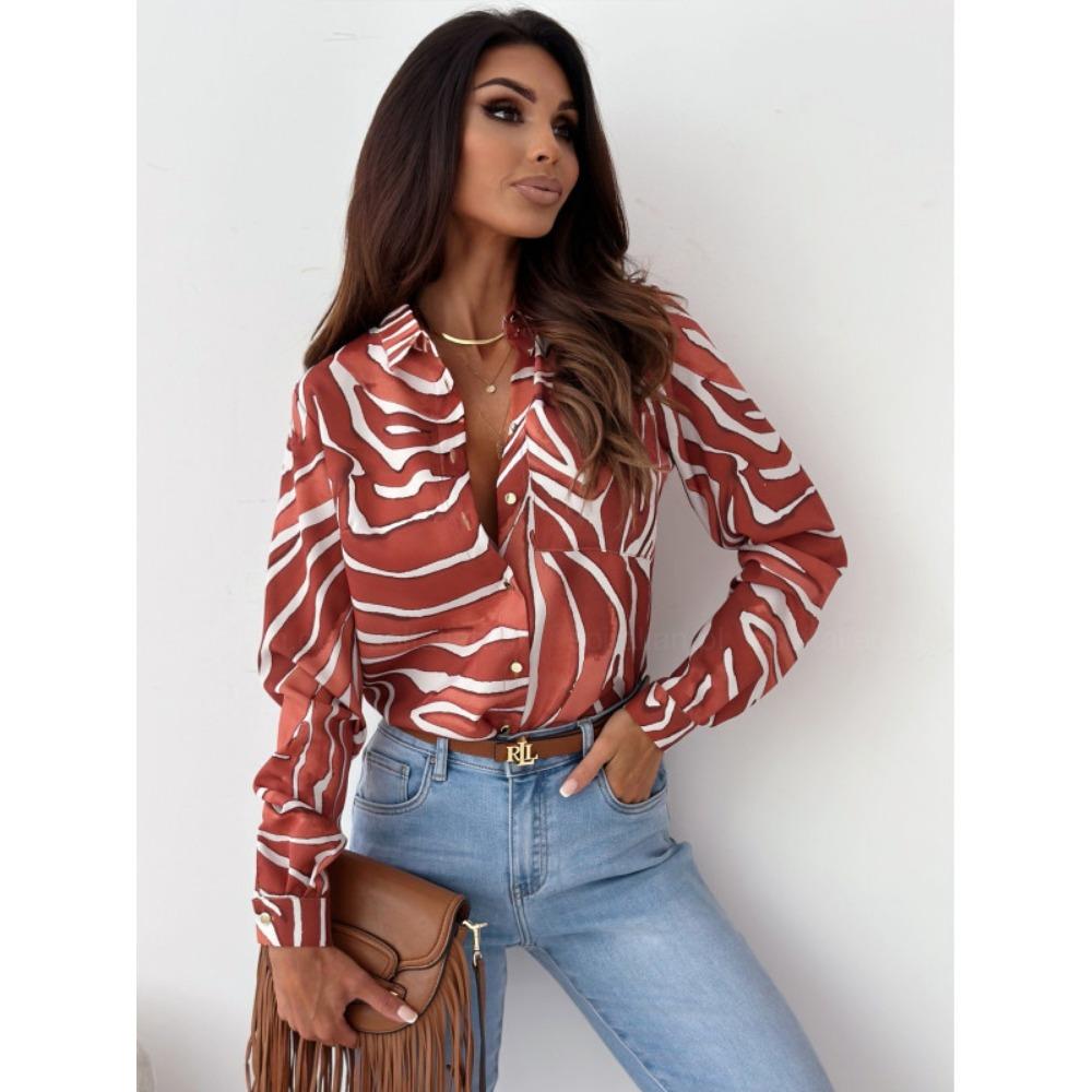 JPNTKY Dámská móda Ležérní Jaro Podzim Pruhovaný potisk Dlouhý rukáv POLO-Límec Halenky a Košile