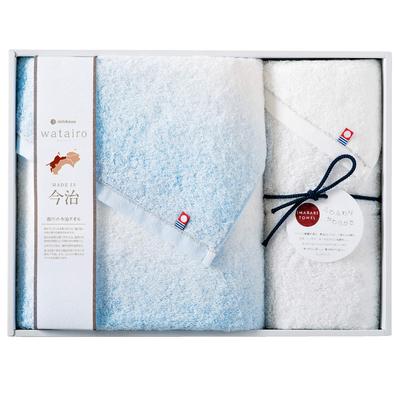 Nishikawa Imabari Towel Gift Set: 1 Bath Towel and 1 Face Towel, 100% Cotton, Fluffy, Made In Japan, Gift Packaging, Blue, TBF4998211B