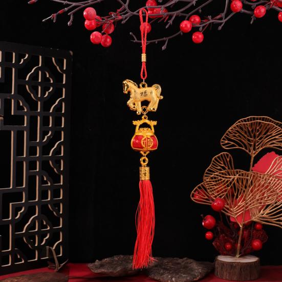 2026 Horse Hanging Ornament Chinese New Year Horse Lucky Charm Red Tassel Feng Shui Pendant for Car Bonsai Tree Lunar New Year Wealth