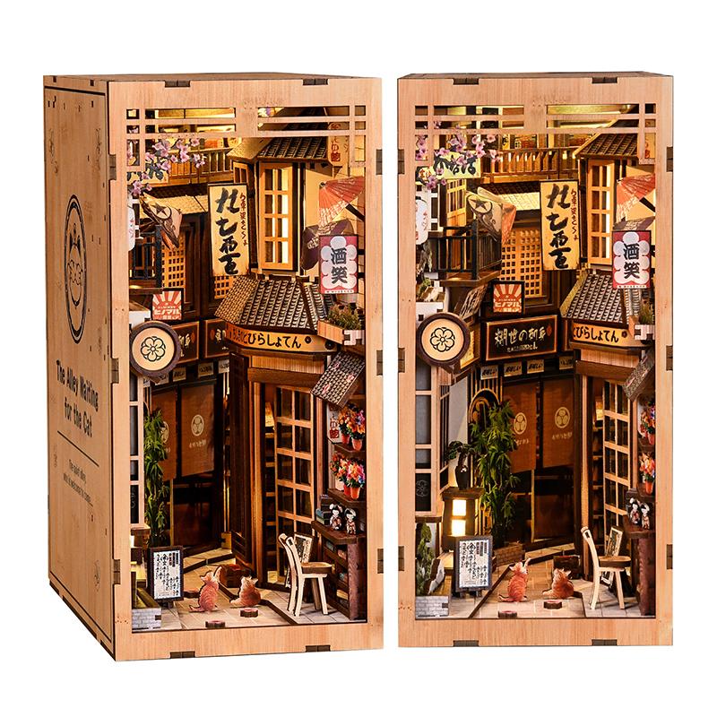 DIY Wooden Japanese Book Nook Shelf Insert Kits Miniature Model Kit The Alley Waiting for the Cat Bookend for Friends Gifts