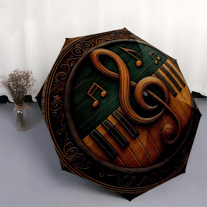 Golden Musical Notes on Wooden FrameUmbrella, PortableFold Compact Umbrella for Men & Women Gift