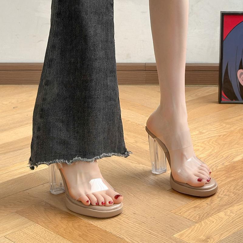 Stepping On Shit Feeling Thick-soled Waterproof Table Transparent Word with High-heeled Sandals Women Wear Crystal Heel Thick-heeled Cool Slippers In