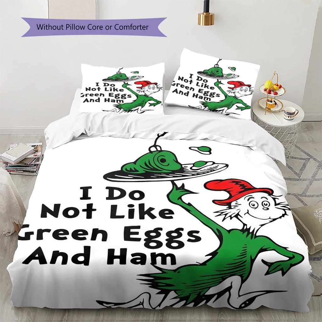 Green Eggs and Ham Pattern Bedding,Quilt Set Quilt Cover Pillowcase Home Birthday Gift (1 * duvet cover + 2 * pillowcase, without core)