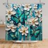 Schmetterling Duschvorhang Grün Blau Ölgemälde Weiß Boho Blumen Badezimmervorhänge Rustikales Bauernhaus Floral Waschbare Dusche