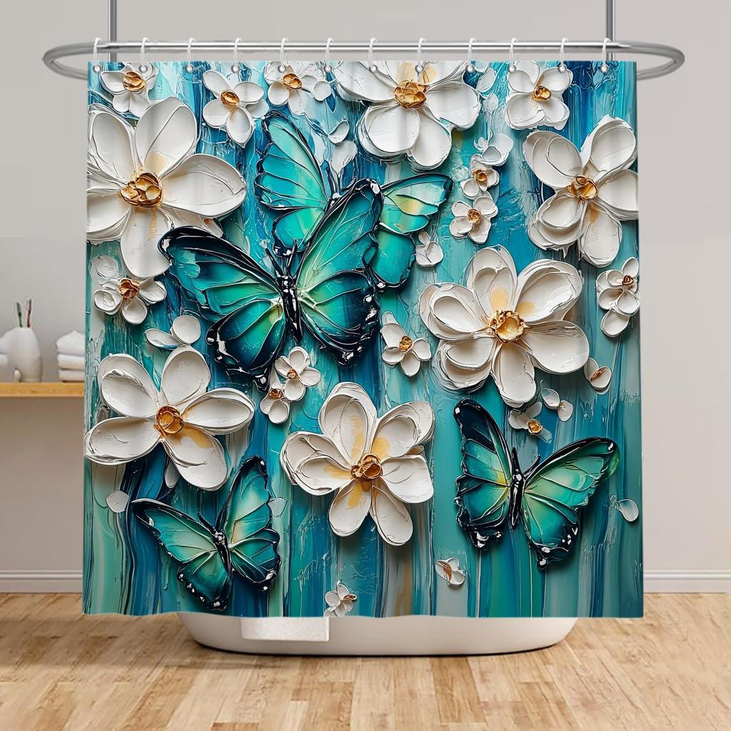 Schmetterling Duschvorhang Grün Blau Ölgemälde Weiß Boho Blumen Badezimmervorhänge Rustikales Bauernhaus Floral Waschbare Dusche