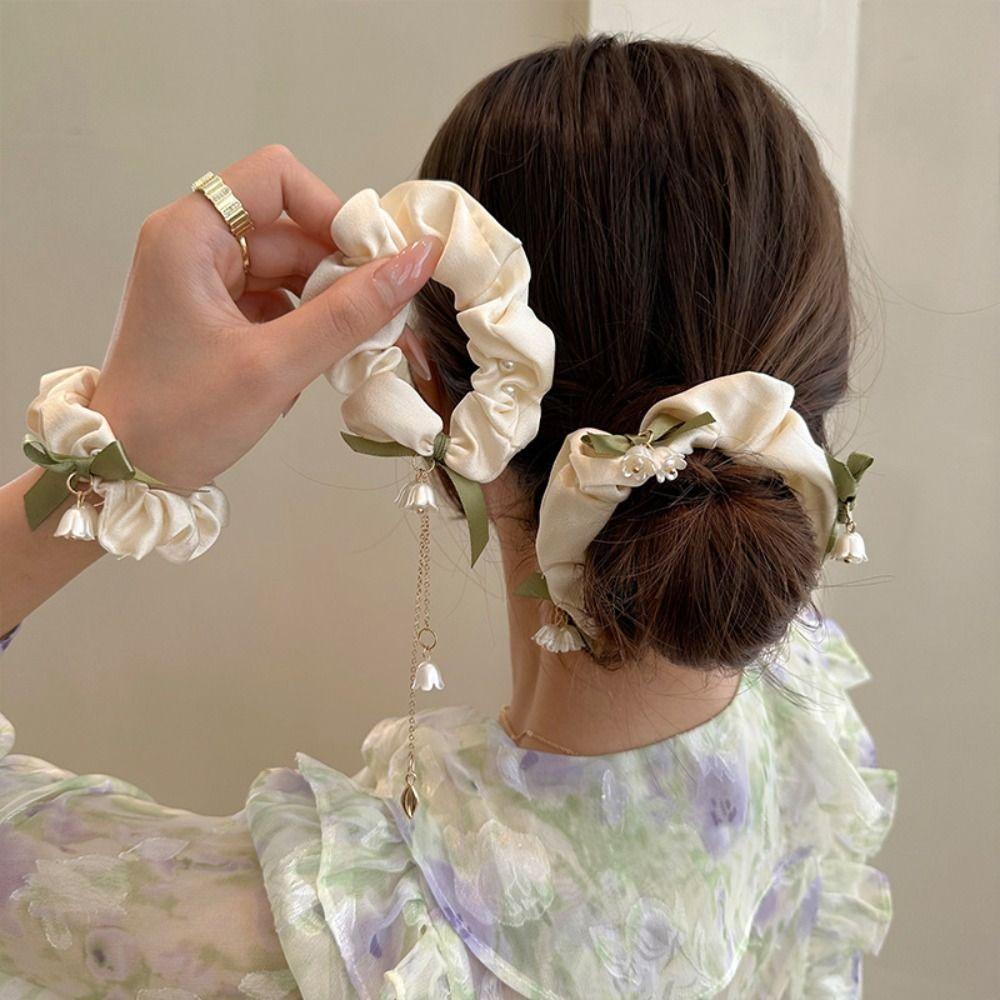 

Pearl Convallaria Head Rope Elastic Velvet Bow Hair Loop Fashion Flower Head Rope Girls