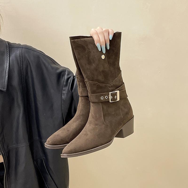 Retro round head belt buckle medium boots thick heel 2025 autumn and winter new thick sole, thin and high western cowboy boots casual