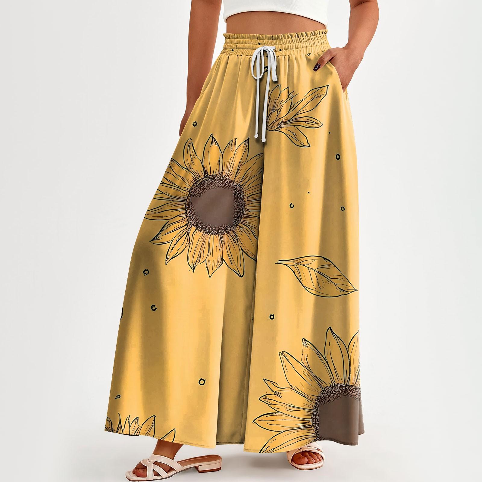 

Женские брюки с высокой талией, широкие, повседневные, струящиеся брюки-палаццо, брюки с цветочным принтом и карманом XXL оранжевый