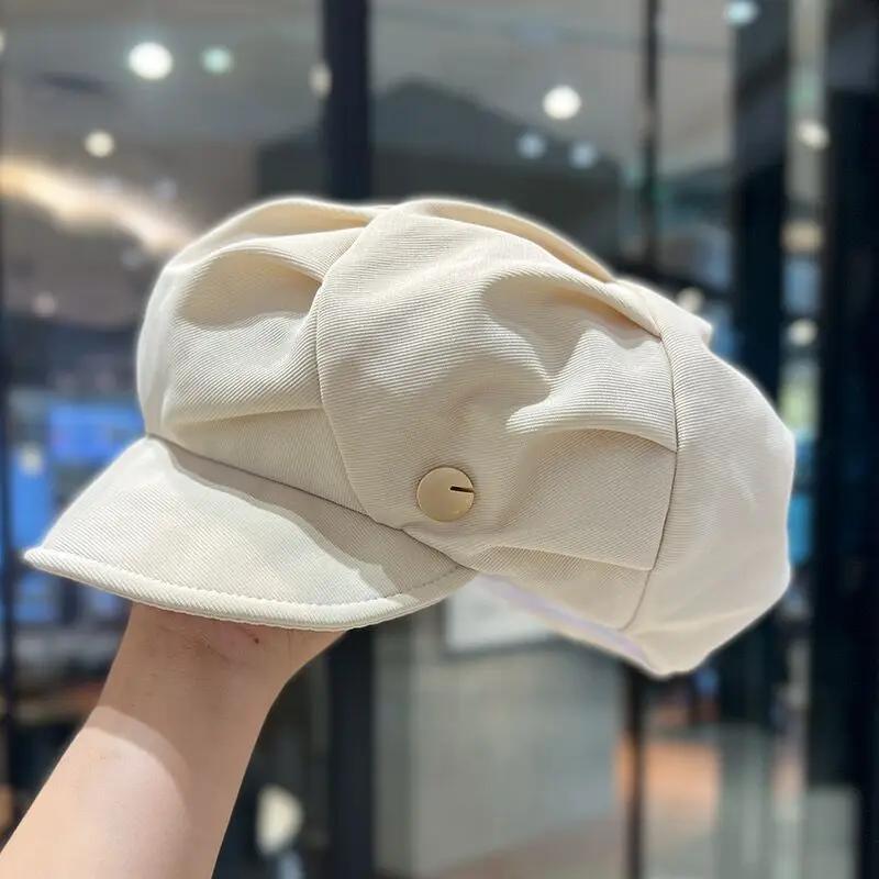 Vintage Octagonal Hats Women Solid Color Pleated Berets Artist Painter Newspaper Cap Winter Autumn Casual Street Brim Caps