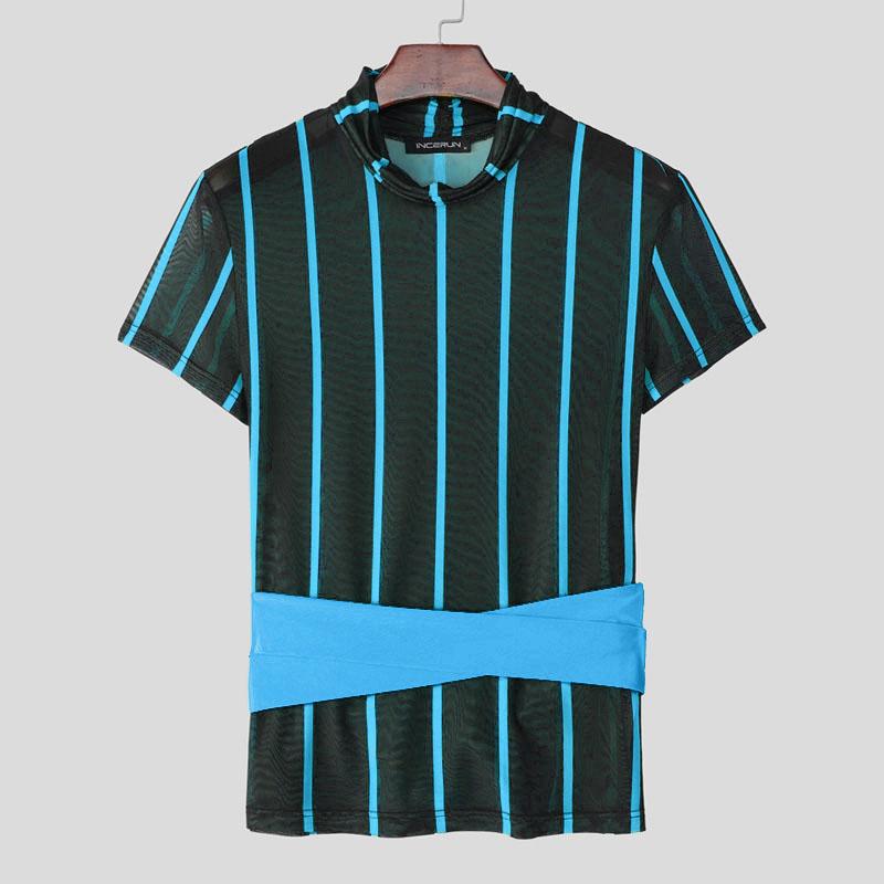 INCERUN Men Short Sleeve Mesh Sheer Patchwork Striped Party Club T-shirts Tops
