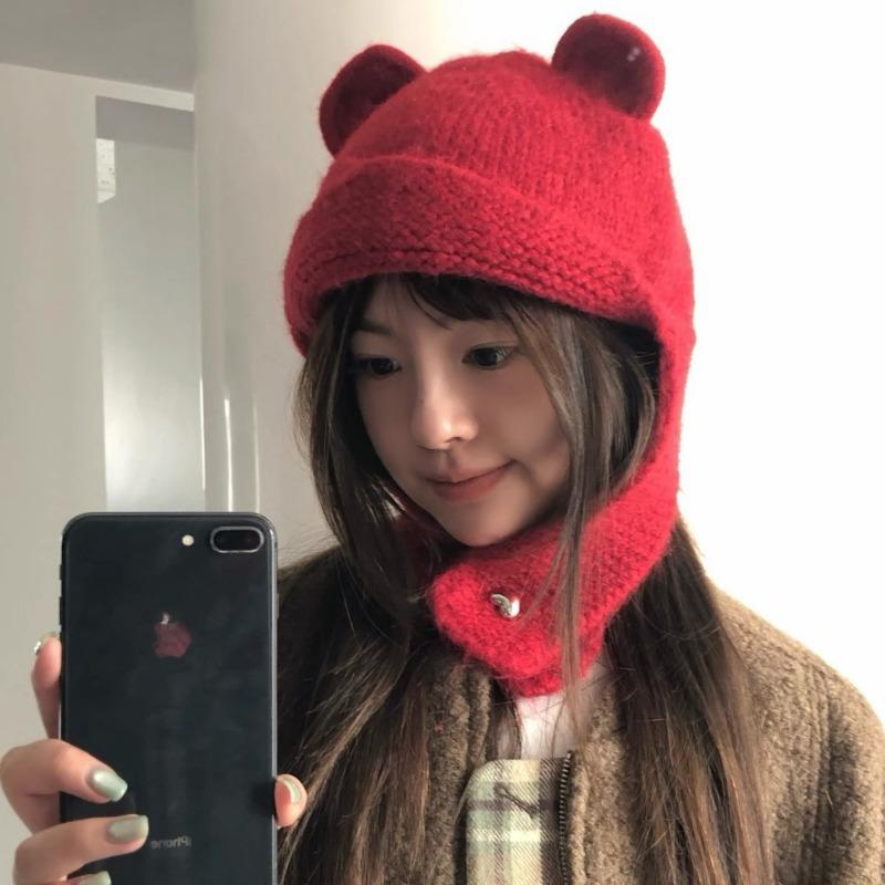 Autumn and winter bear ear knitted hat outdoor cold protection ear protection headgear thickened warm wool bear hat female