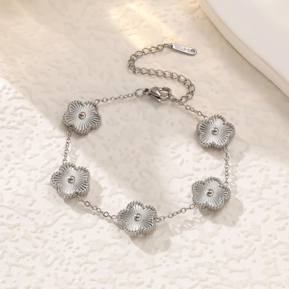 Versatile Trendy Set: Five-Petal Flower & Four-Leaf Clover Jewelry in Laser-Cut Titanium Steel