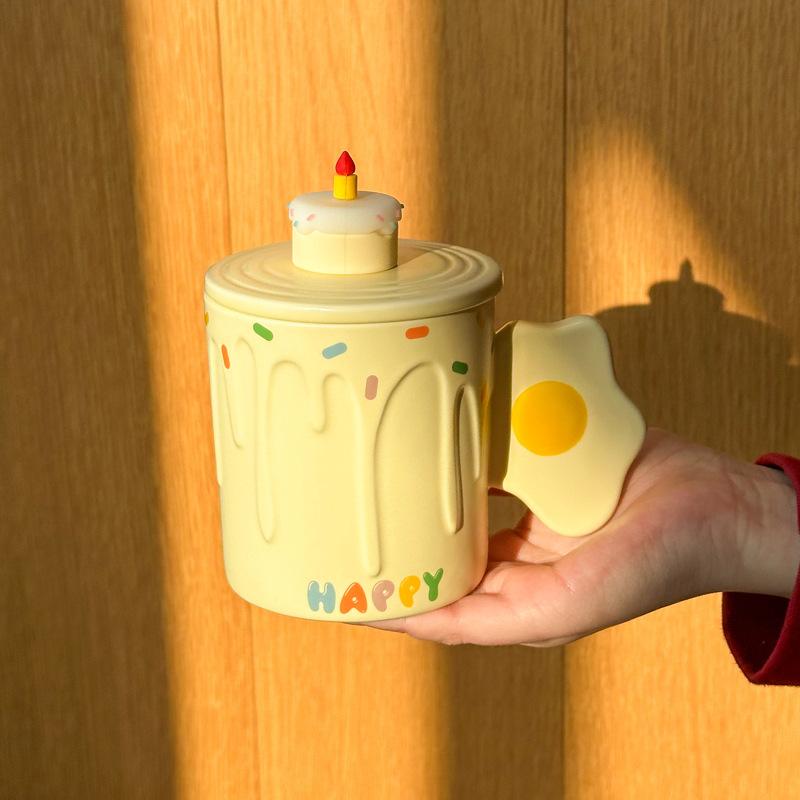 

Birthday Gift Cute Milk Fufu Poached Egg Ceramic Cup Cake Mug with Lid Boy and Girl Couple Drinking Water Cup 301-400ml