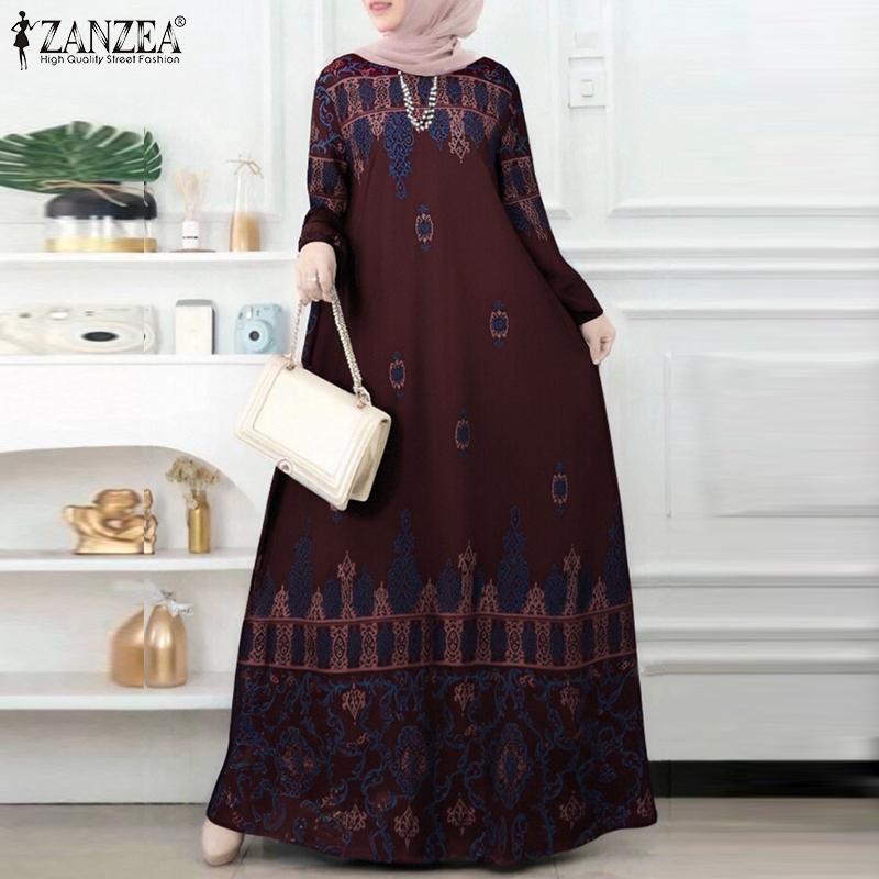 ZANZEA Women Casual Round Neck Long Sleeve Print Muslim Long Dress