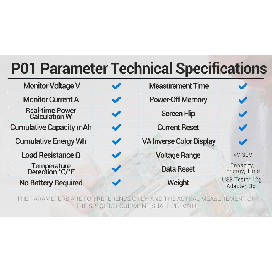 Digital Voltmeter Ammeter ANENG P01 USB Tester Meter 4V-30V Capacity Energy Temperature Fast Power Detector