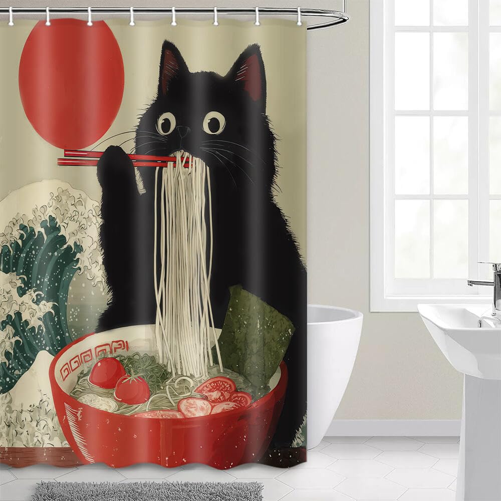 Cortina de ducha divertida de gato japonés Vintage Divertida Genial Linda Arte de gato negro Cortina de ducha Asiática Japón Atardecer Anime Ola del océano Única