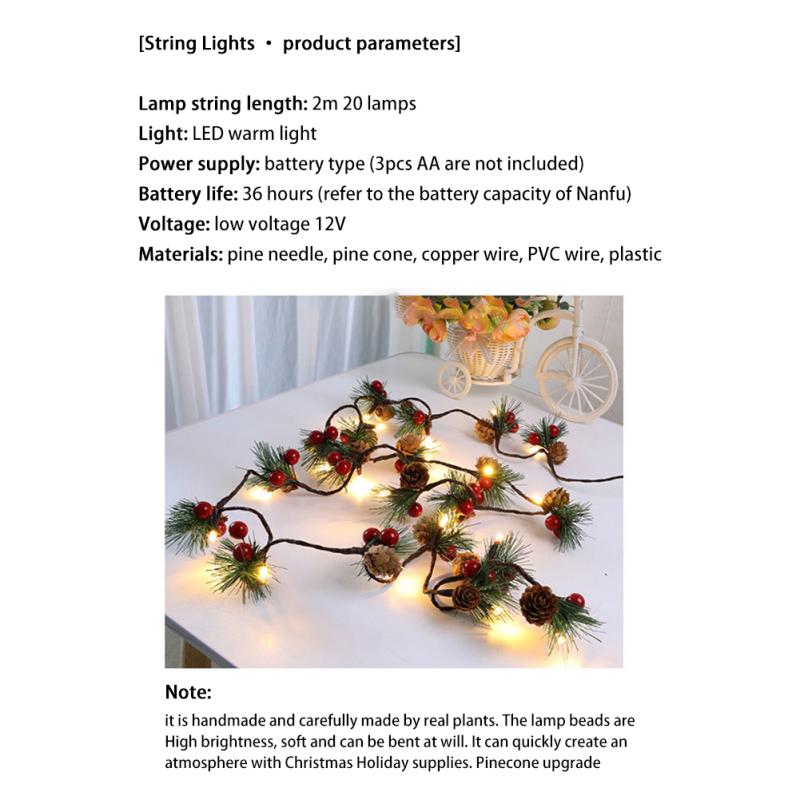 Vánoční LED řetězová světla Borová šiška červené bobule Garland lampa pro vánoční večírek v ložnici stromový stůl