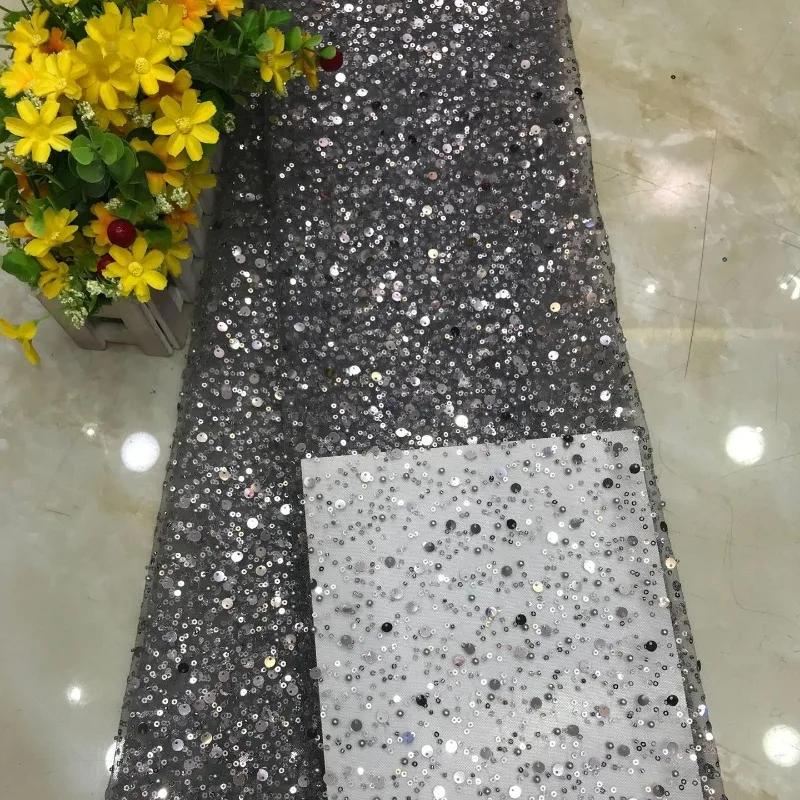 Luxury 3D Sequined Beaded Mesh Embroidered Lace Fabric Handmade Wedding Dress DIY Accessories Width 130cm 1Meter