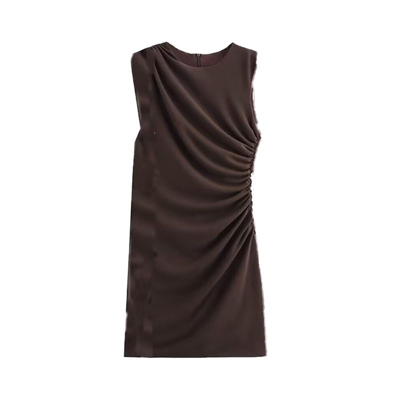 

Zab Autumn New Women clothes Western Style French style Design Pleat Decoration Short Dress 3067260 Brown S