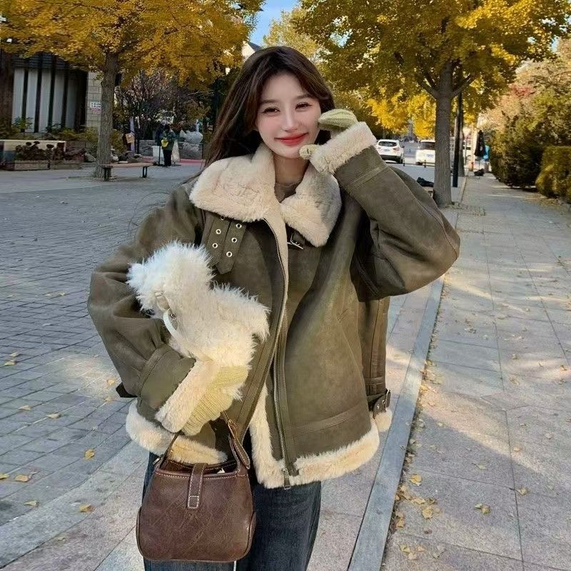 

Винтажная зеленая замшевая куртка-локомотив из меха ягненка, женская одежда, осенне-зимняя утолщенная с меховой подкладкой и воротником-стойкой XXL