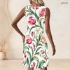 Women Plus Size Sleeveless Round Neck Ring Keyhole White Floral Printed A Line Dress