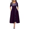 (S-5XL)  Women Plus Size O Neck Half Sleeve Stitching Plaid Irregular Hem Buttons Decor Maxi Dress