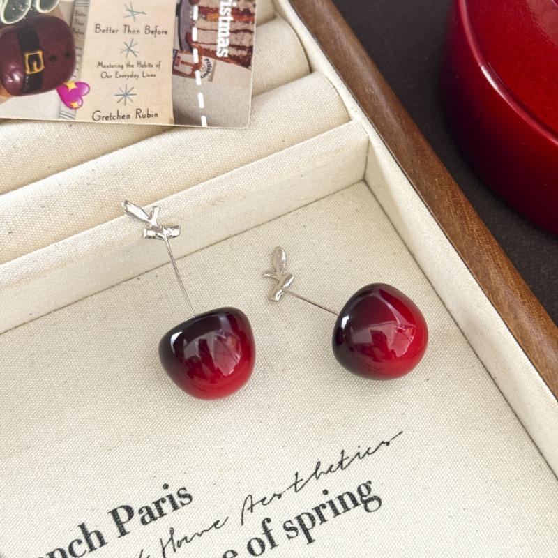Red Cherry Pendant Stud Earrings Sweet Fashion Daily Commute Women Jewelry