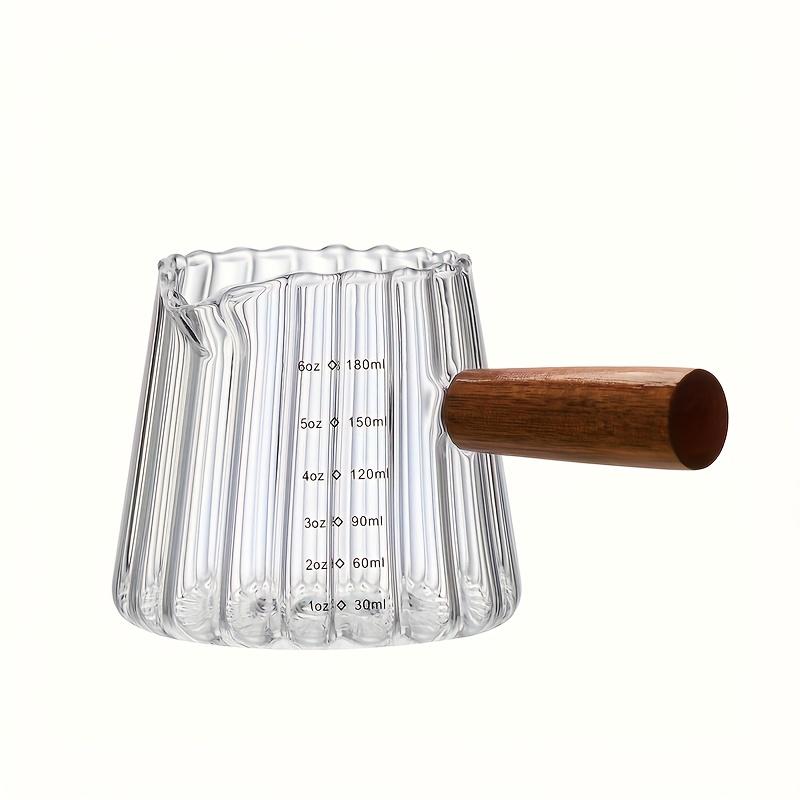 1pc Italian Style Glass Coffee Cup & Scaled Milk Jug,180ml Reusable Insulated Borosilicate Glass with Wooden Handle | Multipurpose for Coffee/Tea
