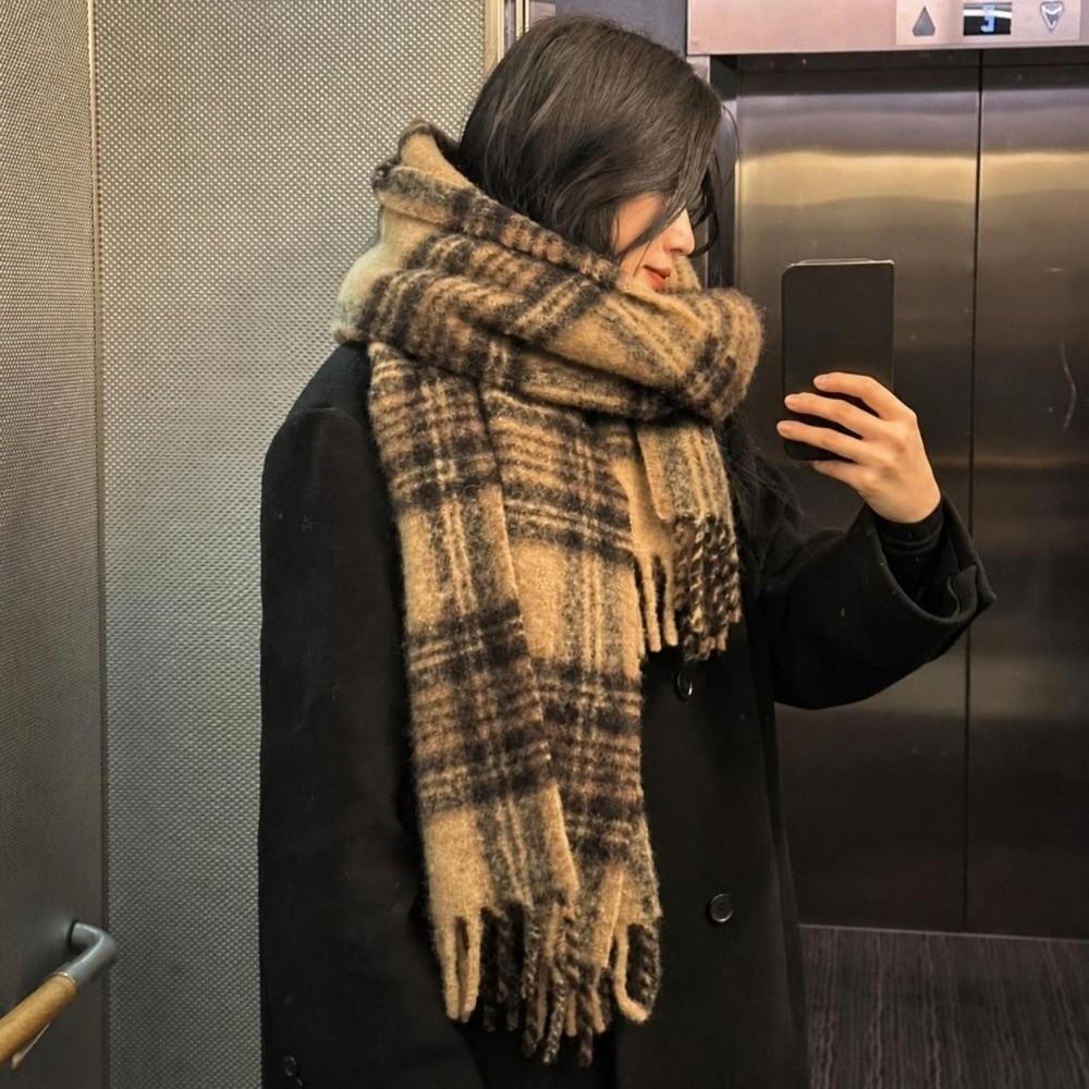 Warm Fleece Tassel Scarf Windproof Fall Winter Shawl Wrap Versatile Mohair Plaid Scarf  Girls