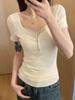 Korean version of the design sense of chic fake two-piece short-sleeved T-shirt for women's summer semi-open neck slim-fitting short top for women