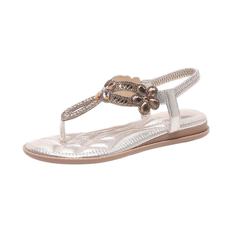 Rhinestone Flat Sandals Large Size Korean Version Flat Heel Hollow Bohemian Comfortable Women's Shoes