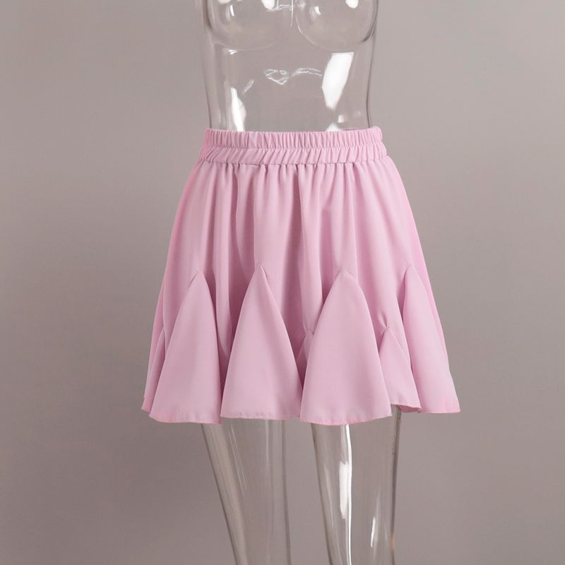 

European American Summer New Patchwork Mini Pure Color Pleated Skirt Solid Color Pleated Skirt Pink S