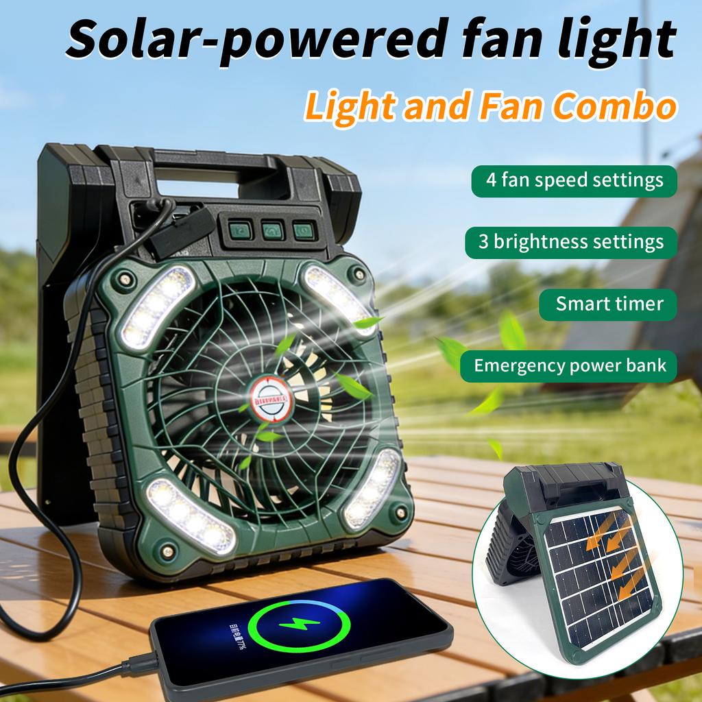 Solar Fan Light Portable Camping LED with 4 Speed Fan, Emergency Power Bank for Home Outdoor Fishing Blackout